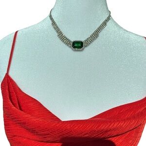 Vintage Rhinestone Necklace with Emerald Green Center Stone Triple Row Crystal
